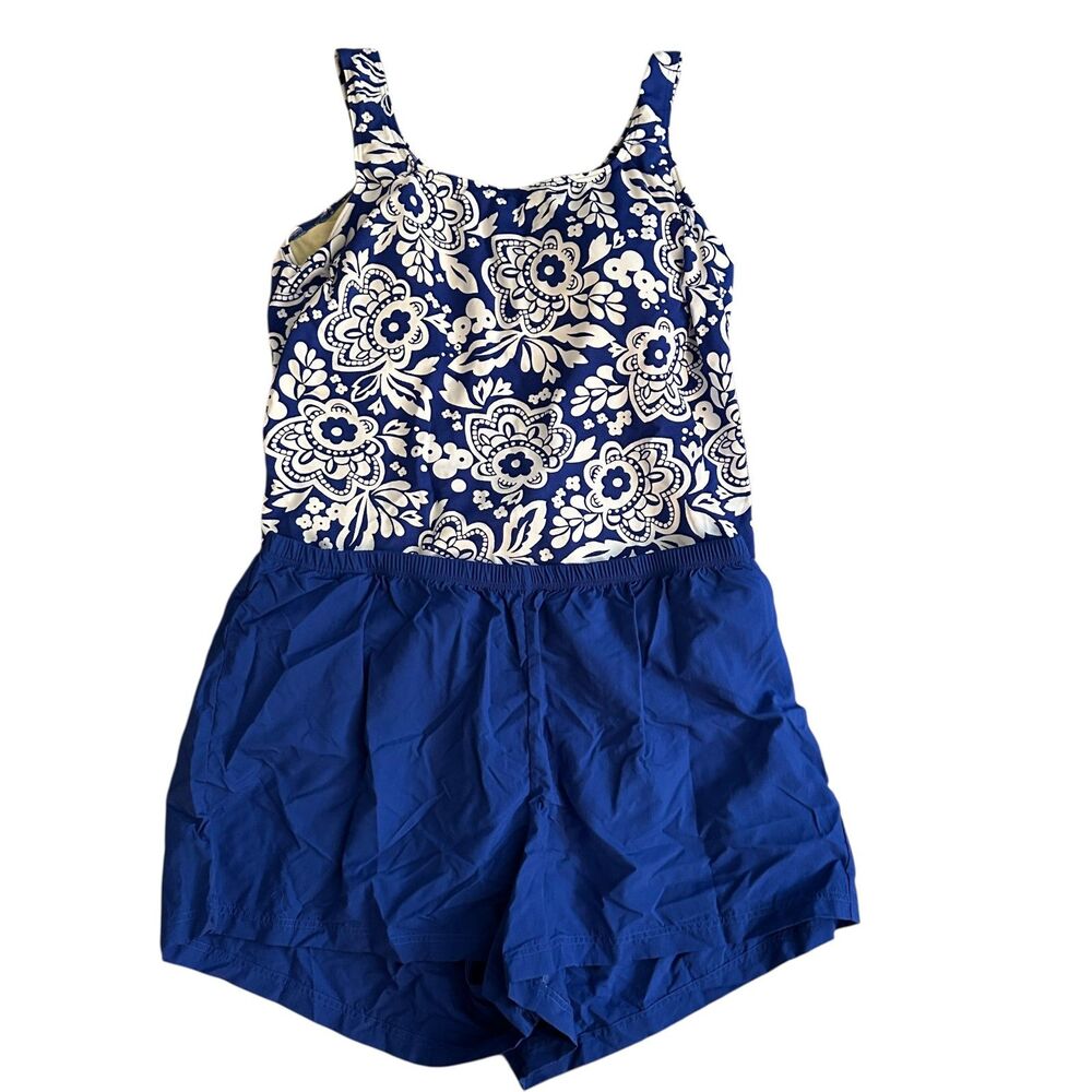 Lands End Blue and White Floral Tankini Set Top with Stretchy Shorts Size 26 NWT